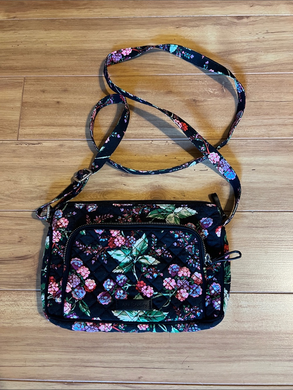 Vera Bradley Black Quilted Floral Crossbody with Pink & Green Accents